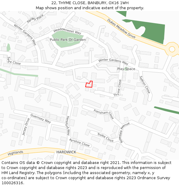 22, THYME CLOSE, BANBURY, OX16 1WH: Location map and indicative extent of plot