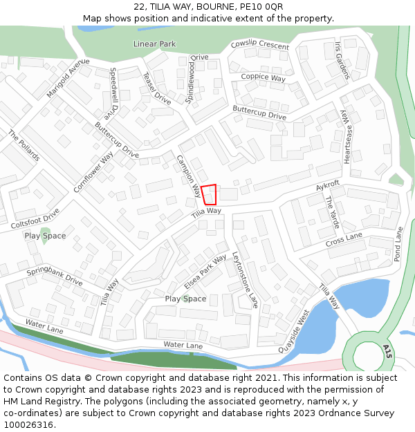 22, TILIA WAY, BOURNE, PE10 0QR: Location map and indicative extent of plot