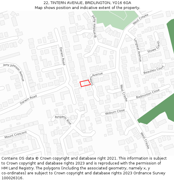 22, TINTERN AVENUE, BRIDLINGTON, YO16 6GA: Location map and indicative extent of plot