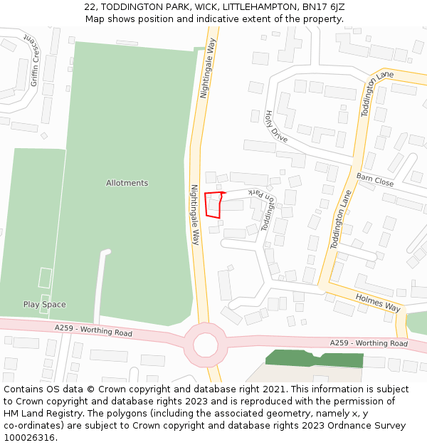 22, TODDINGTON PARK, WICK, LITTLEHAMPTON, BN17 6JZ: Location map and indicative extent of plot