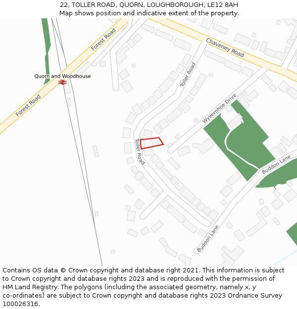 22, TOLLER ROAD, QUORN, LOUGHBOROUGH, LE12 8AH: Location map and indicative extent of plot