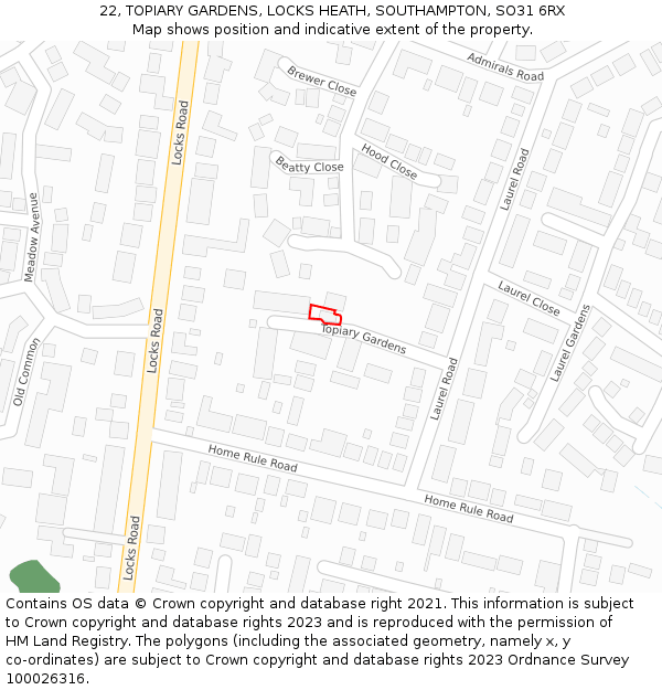 22, TOPIARY GARDENS, LOCKS HEATH, SOUTHAMPTON, SO31 6RX: Location map and indicative extent of plot