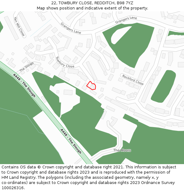 22, TOWBURY CLOSE, REDDITCH, B98 7YZ: Location map and indicative extent of plot