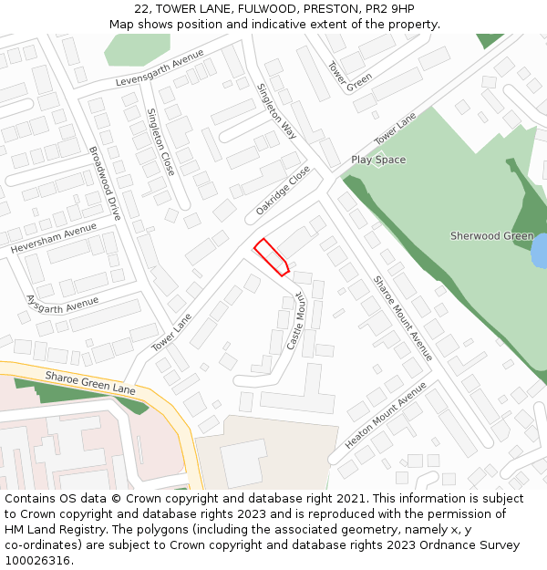 22, TOWER LANE, FULWOOD, PRESTON, PR2 9HP: Location map and indicative extent of plot