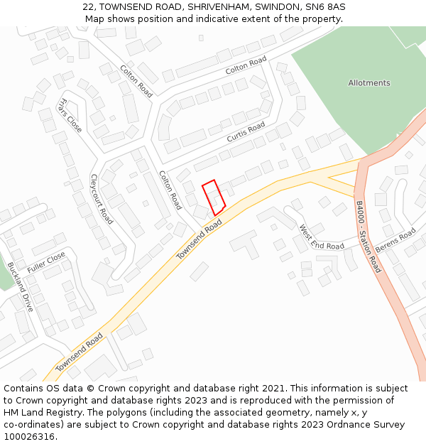 22, TOWNSEND ROAD, SHRIVENHAM, SWINDON, SN6 8AS: Location map and indicative extent of plot