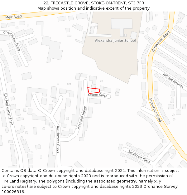 22, TRECASTLE GROVE, STOKE-ON-TRENT, ST3 7FR: Location map and indicative extent of plot