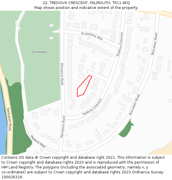 22, TREDOVA CRESCENT, FALMOUTH, TR11 4EQ: Location map and indicative extent of plot