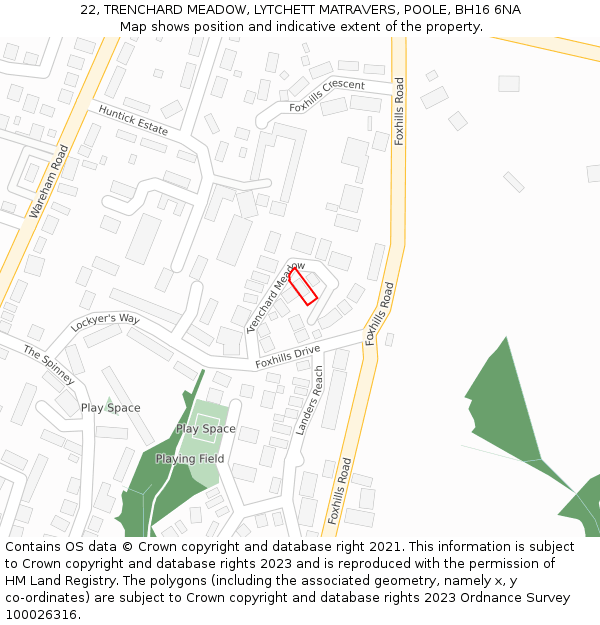 22, TRENCHARD MEADOW, LYTCHETT MATRAVERS, POOLE, BH16 6NA: Location map and indicative extent of plot