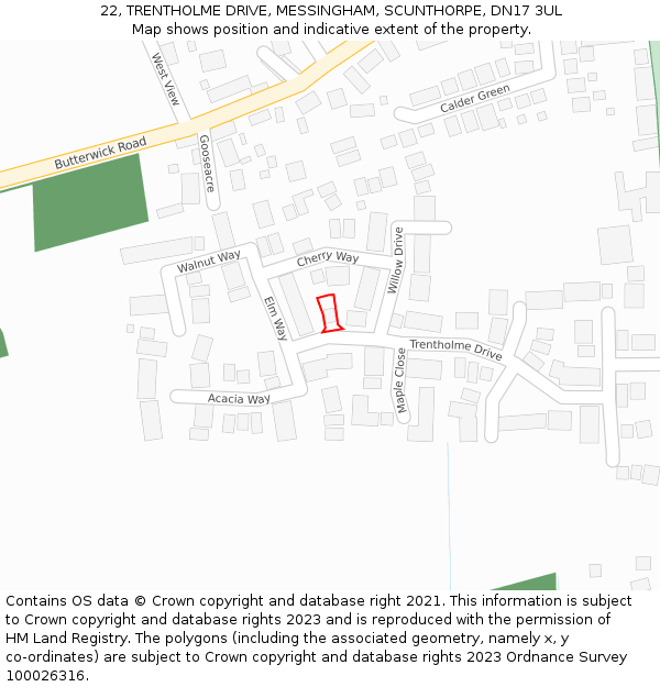 22, TRENTHOLME DRIVE, MESSINGHAM, SCUNTHORPE, DN17 3UL: Location map and indicative extent of plot