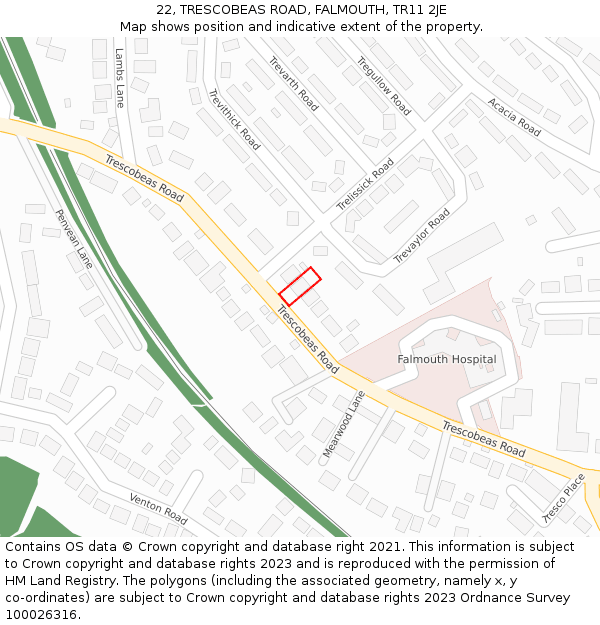 22, TRESCOBEAS ROAD, FALMOUTH, TR11 2JE: Location map and indicative extent of plot