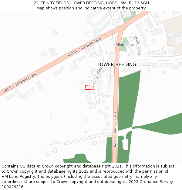 22, TRINITY FIELDS, LOWER BEEDING, HORSHAM, RH13 6GH: Location map and indicative extent of plot