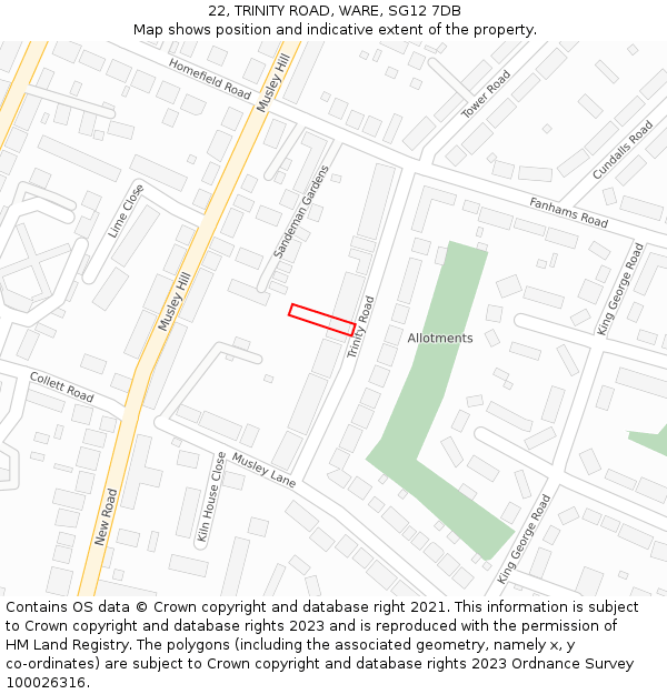 22, TRINITY ROAD, WARE, SG12 7DB: Location map and indicative extent of plot