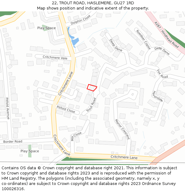 22, TROUT ROAD, HASLEMERE, GU27 1RD: Location map and indicative extent of plot