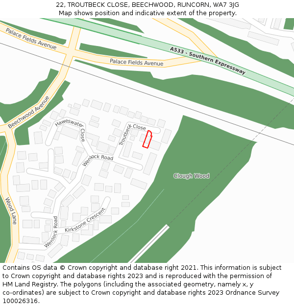 22, TROUTBECK CLOSE, BEECHWOOD, RUNCORN, WA7 3JG: Location map and indicative extent of plot