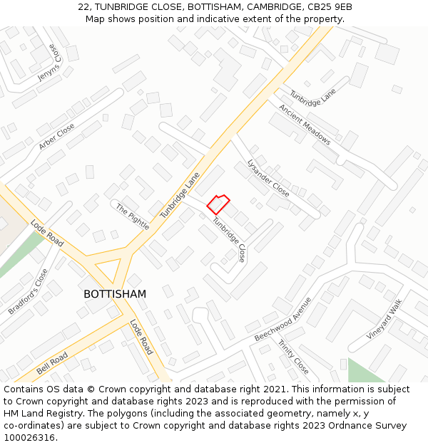 22, TUNBRIDGE CLOSE, BOTTISHAM, CAMBRIDGE, CB25 9EB: Location map and indicative extent of plot