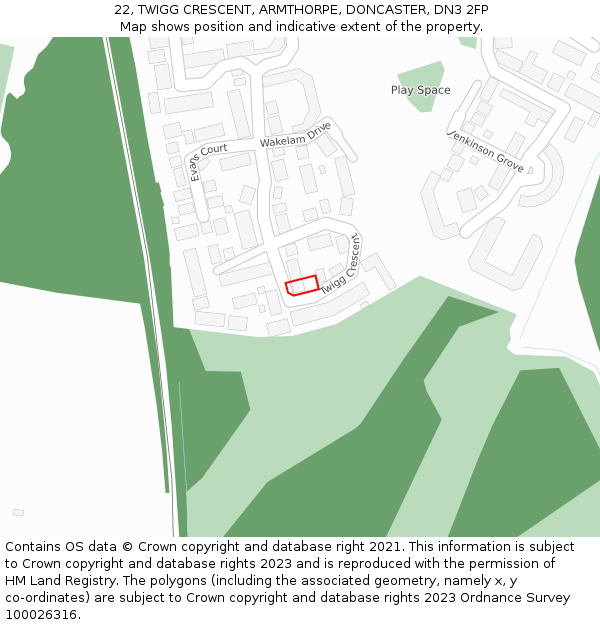 22, TWIGG CRESCENT, ARMTHORPE, DONCASTER, DN3 2FP: Location map and indicative extent of plot