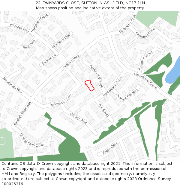 22, TWINYARDS CLOSE, SUTTON-IN-ASHFIELD, NG17 1LN: Location map and indicative extent of plot