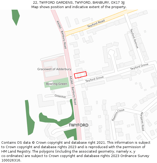 22, TWYFORD GARDENS, TWYFORD, BANBURY, OX17 3JJ: Location map and indicative extent of plot