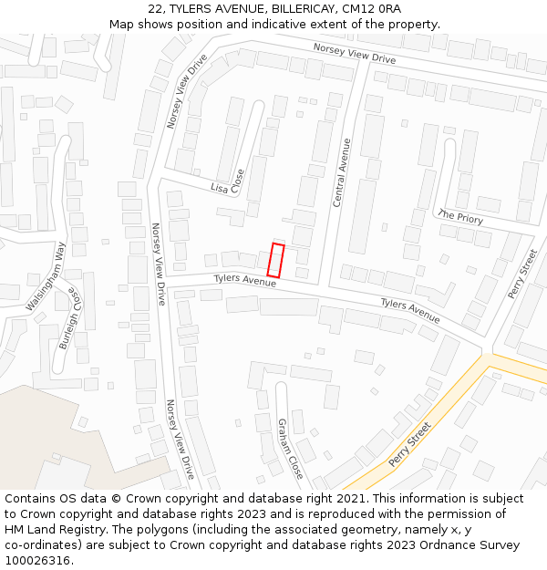 22, TYLERS AVENUE, BILLERICAY, CM12 0RA: Location map and indicative extent of plot