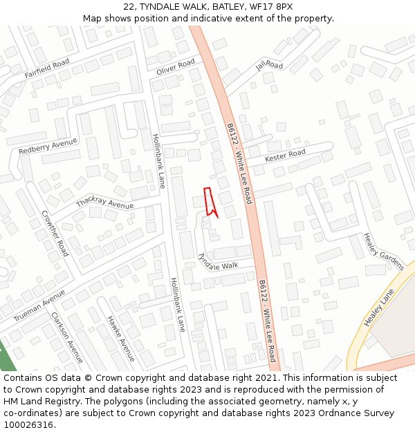 22, TYNDALE WALK, BATLEY, WF17 8PX: Location map and indicative extent of plot