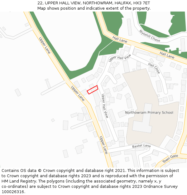 22, UPPER HALL VIEW, NORTHOWRAM, HALIFAX, HX3 7ET: Location map and indicative extent of plot