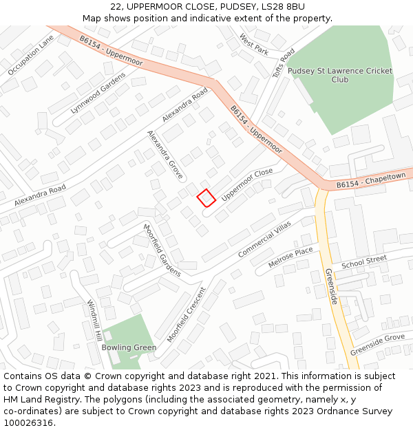 22, UPPERMOOR CLOSE, PUDSEY, LS28 8BU: Location map and indicative extent of plot