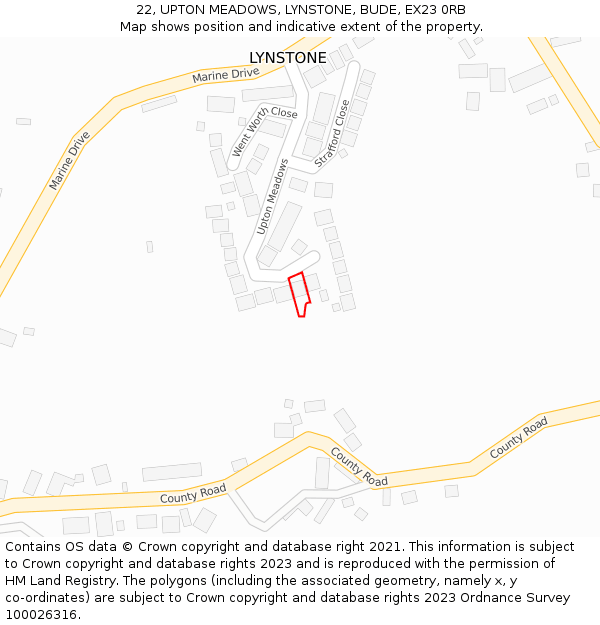 22, UPTON MEADOWS, LYNSTONE, BUDE, EX23 0RB: Location map and indicative extent of plot