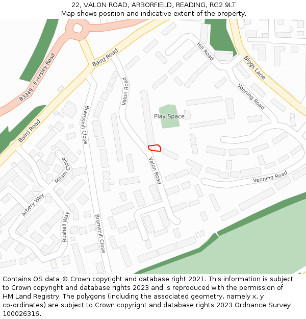 22, VALON ROAD, ARBORFIELD, READING, RG2 9LT: Location map and indicative extent of plot