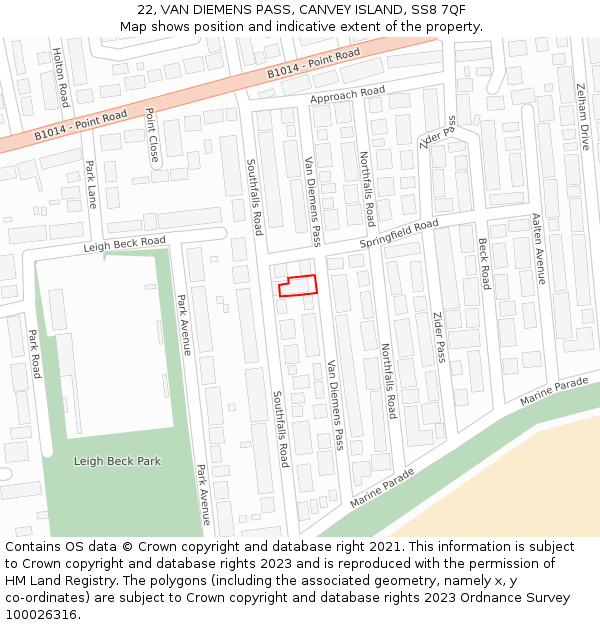 22, VAN DIEMENS PASS, CANVEY ISLAND, SS8 7QF: Location map and indicative extent of plot