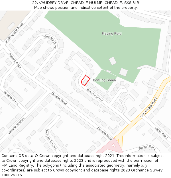 22, VAUDREY DRIVE, CHEADLE HULME, CHEADLE, SK8 5LR: Location map and indicative extent of plot