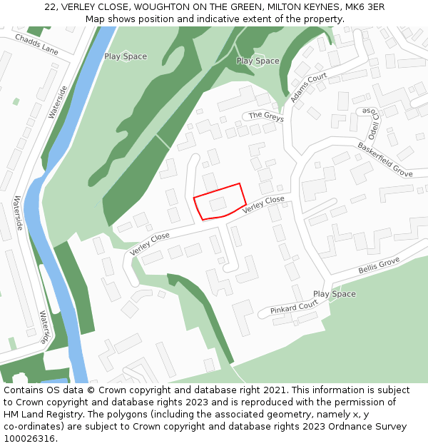 22, VERLEY CLOSE, WOUGHTON ON THE GREEN, MILTON KEYNES, MK6 3ER: Location map and indicative extent of plot