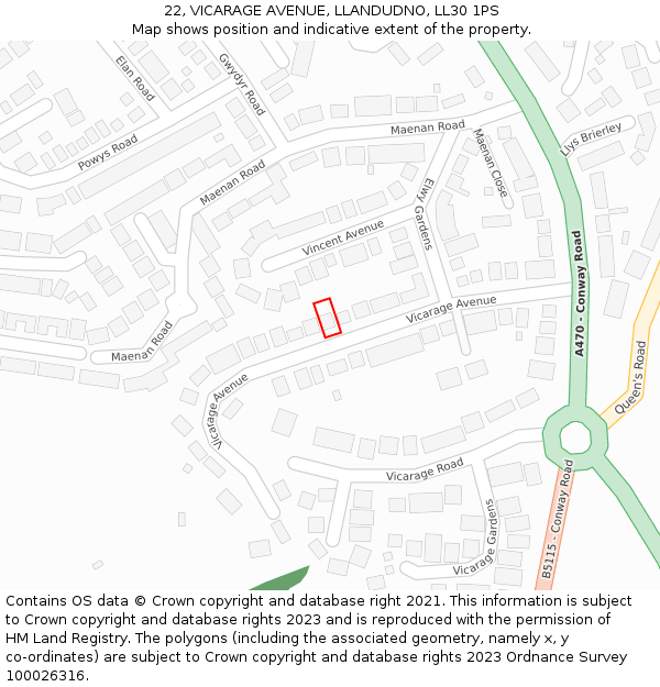 22, VICARAGE AVENUE, LLANDUDNO, LL30 1PS: Location map and indicative extent of plot