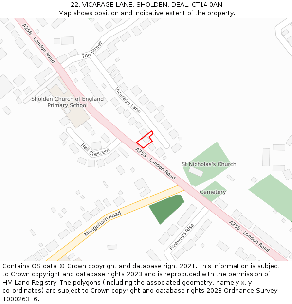 22, VICARAGE LANE, SHOLDEN, DEAL, CT14 0AN: Location map and indicative extent of plot