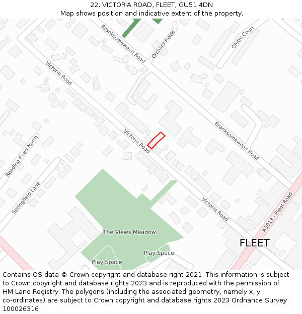 22, VICTORIA ROAD, FLEET, GU51 4DN: Location map and indicative extent of plot