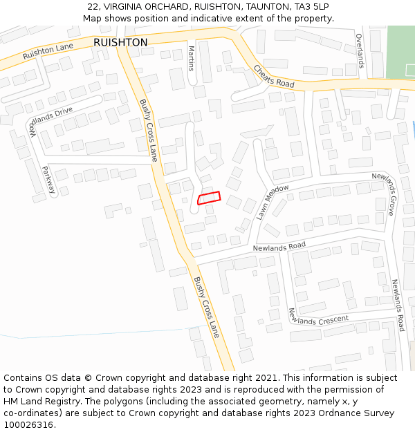 22, VIRGINIA ORCHARD, RUISHTON, TAUNTON, TA3 5LP: Location map and indicative extent of plot