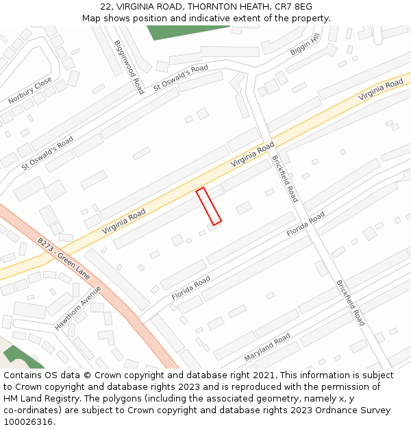 22, VIRGINIA ROAD, THORNTON HEATH, CR7 8EG: Location map and indicative extent of plot