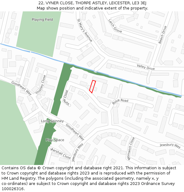 22, VYNER CLOSE, THORPE ASTLEY, LEICESTER, LE3 3EJ: Location map and indicative extent of plot