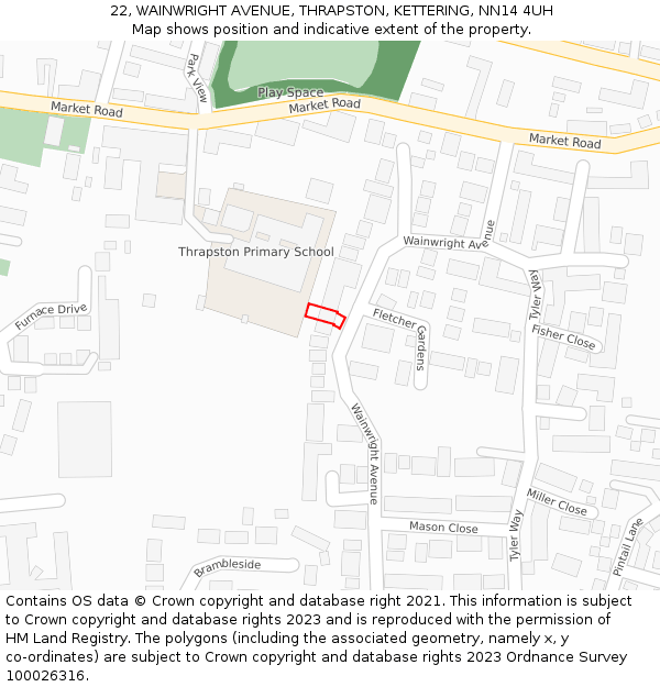 22, WAINWRIGHT AVENUE, THRAPSTON, KETTERING, NN14 4UH: Location map and indicative extent of plot