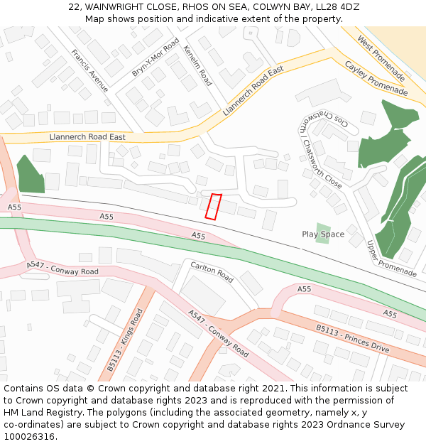 22, WAINWRIGHT CLOSE, RHOS ON SEA, COLWYN BAY, LL28 4DZ: Location map and indicative extent of plot