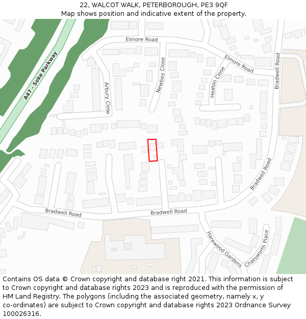 22, WALCOT WALK, PETERBOROUGH, PE3 9QF: Location map and indicative extent of plot