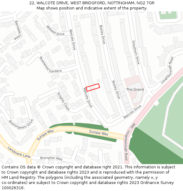 22, WALCOTE DRIVE, WEST BRIDGFORD, NOTTINGHAM, NG2 7GR: Location map and indicative extent of plot