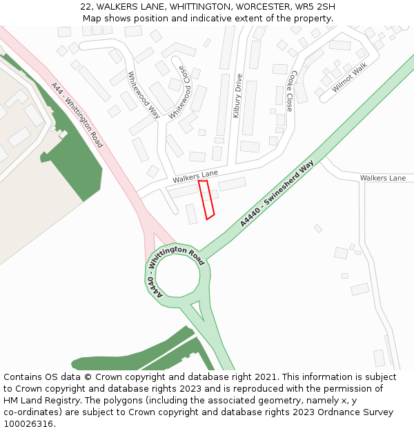 22, WALKERS LANE, WHITTINGTON, WORCESTER, WR5 2SH: Location map and indicative extent of plot