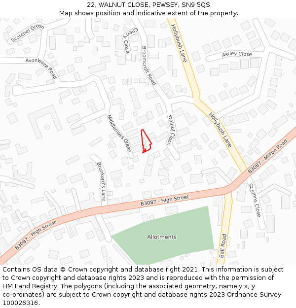22, WALNUT CLOSE, PEWSEY, SN9 5QS: Location map and indicative extent of plot