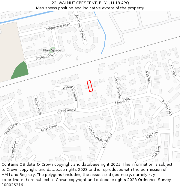 22, WALNUT CRESCENT, RHYL, LL18 4PQ: Location map and indicative extent of plot