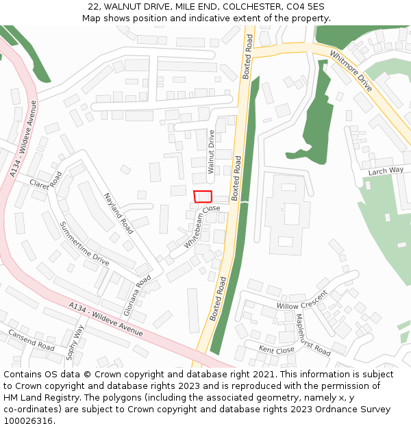 22, WALNUT DRIVE, MILE END, COLCHESTER, CO4 5ES: Location map and indicative extent of plot