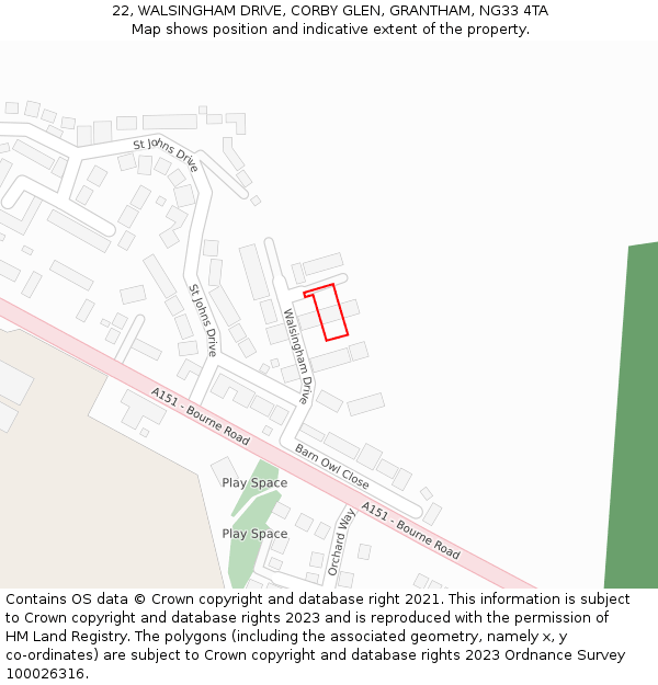 22, WALSINGHAM DRIVE, CORBY GLEN, GRANTHAM, NG33 4TA: Location map and indicative extent of plot