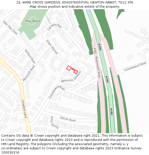 22, WARE CROSS GARDENS, KINGSTEIGNTON, NEWTON ABBOT, TQ12 3TA: Location map and indicative extent of plot