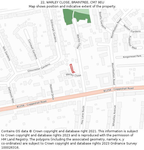 22, WARLEY CLOSE, BRAINTREE, CM7 9EU: Location map and indicative extent of plot