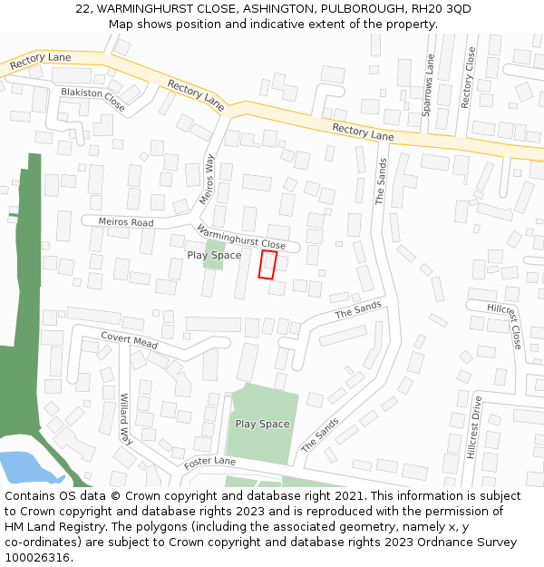 22, WARMINGHURST CLOSE, ASHINGTON, PULBOROUGH, RH20 3QD: Location map and indicative extent of plot