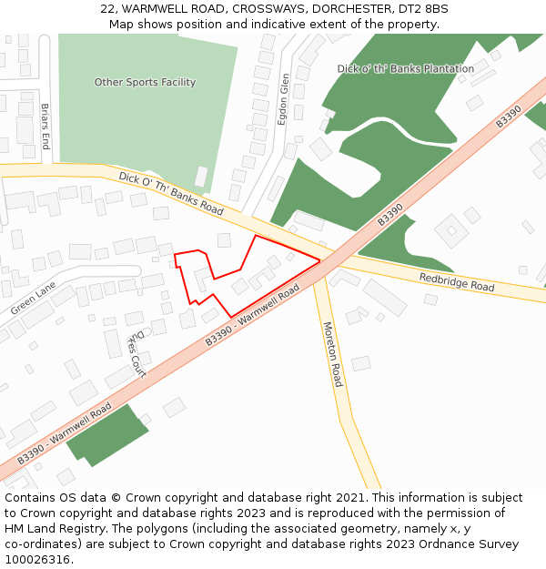 22, WARMWELL ROAD, CROSSWAYS, DORCHESTER, DT2 8BS: Location map and indicative extent of plot